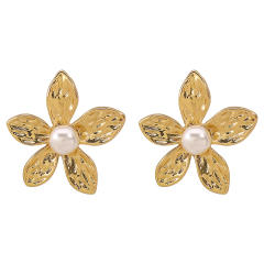 Elegant metal flower imitation pearl earrings finger rings set