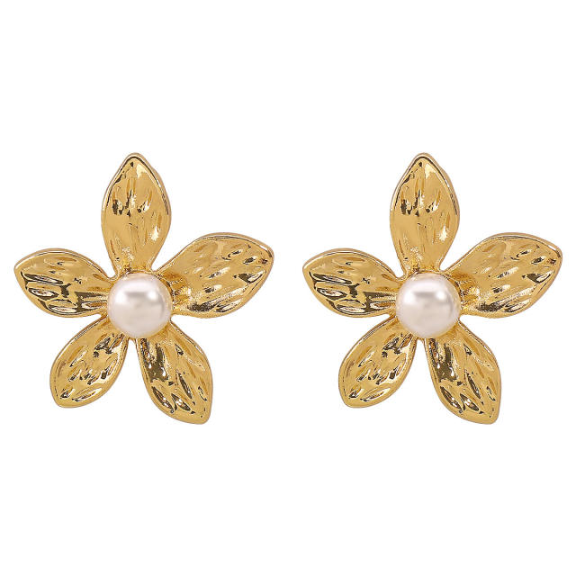 Elegant metal flower imitation pearl earrings finger rings set