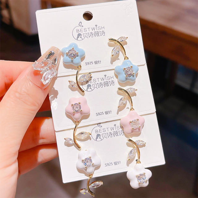 Summer sweet enamel rose flower Asymmetric earrings