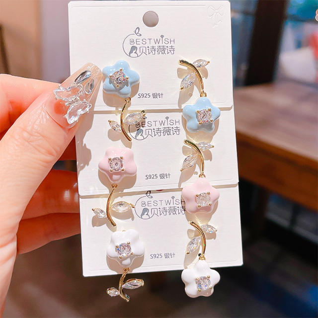 Summer sweet enamel rose flower Asymmetric earrings