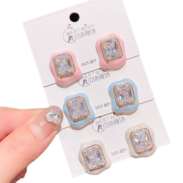 925 needle summer design candy color diamond square studs earrings