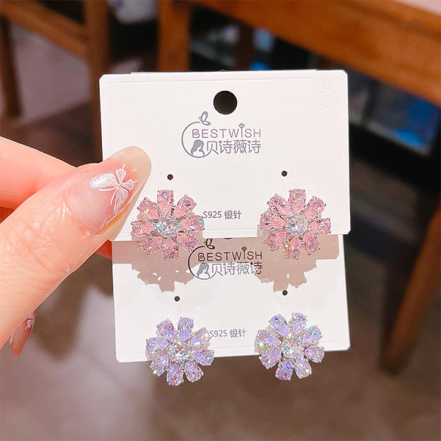 925 needle delicate cubic zircon diamond flower studs earrings