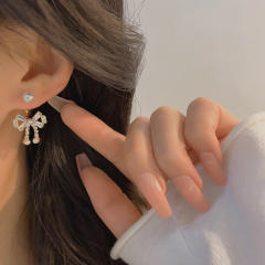 French trend elegant diamond bow pearl bead jacket earrings