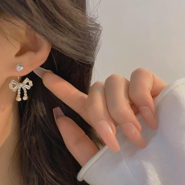 French trend elegant diamond bow pearl bead jacket earrings