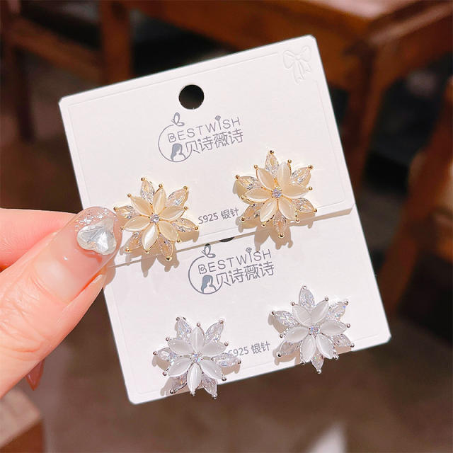 925 needle elegant opal stone blooming flower studs earrings