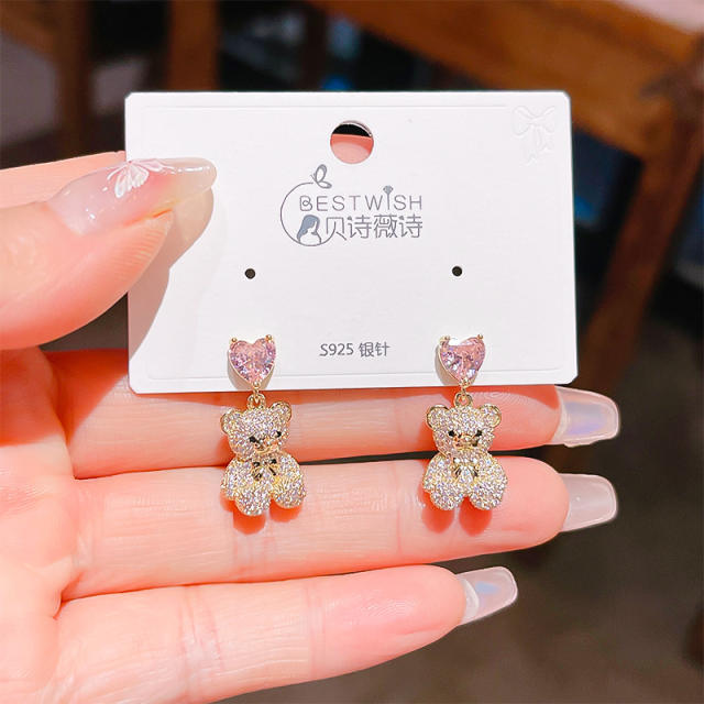 Delicate diamond heart bear gold plated copper earrings