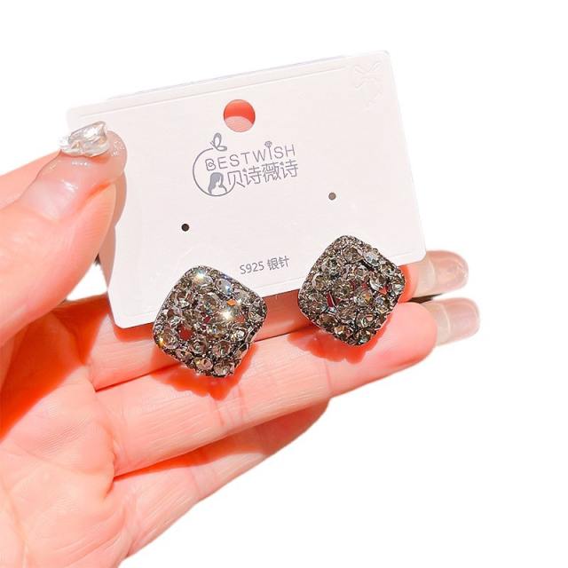 925 needle diamond black rose red color square studs earrings