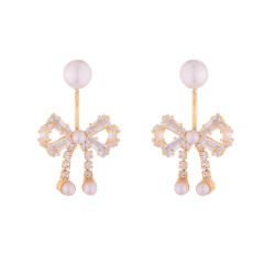 French trend elegant diamond bow pearl bead jacket earrings