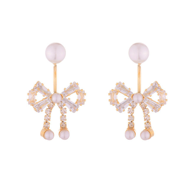 French trend elegant diamond bow pearl bead jacket earrings