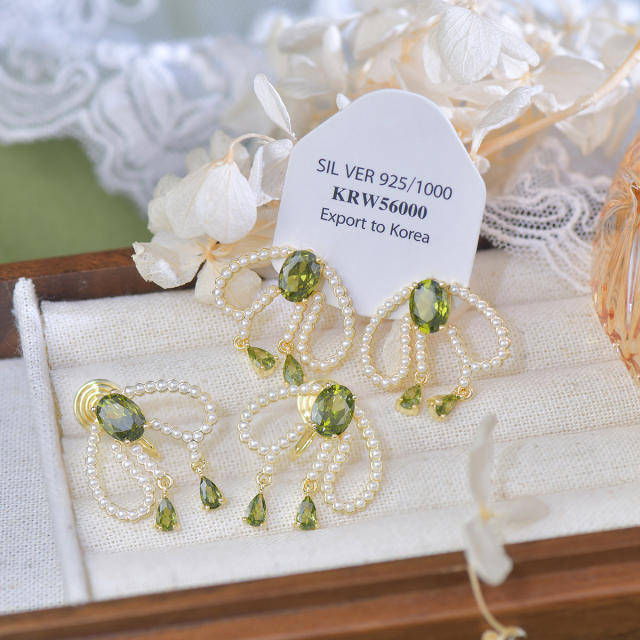 Elegant olivia green cubic zircon pearl bead copper earrings clip on earrings