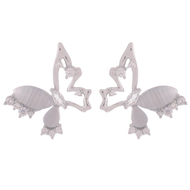 Silver color opal stone butterfly hollow out studs earrings