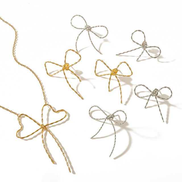 18KG hot sale hollow out bow stainless steel necklace earrings set