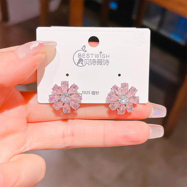925 needle delicate cubic zircon diamond flower studs earrings