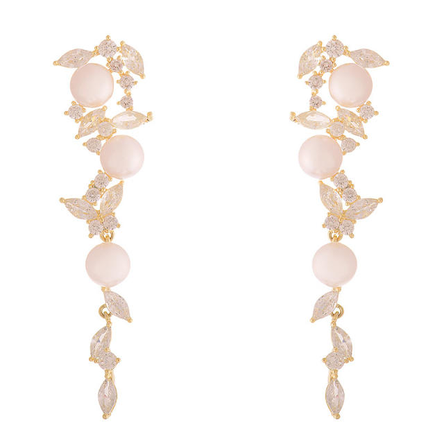 French trend elegant pearl bead gold plated copper dangle earrings wedding prom earrings