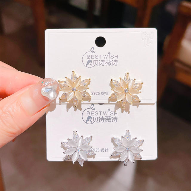 925 needle elegant opal stone blooming flower studs earrings