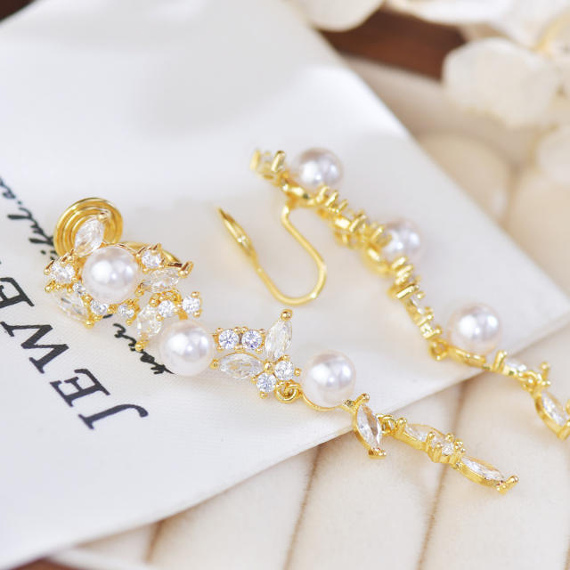 French trend elegant pearl bead gold plated copper dangle earrings wedding prom earrings