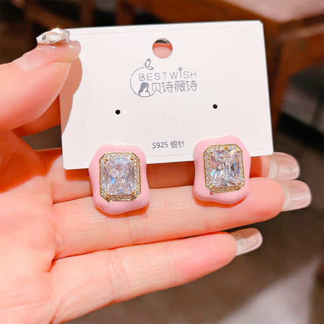 925 needle summer design candy color diamond square studs earrings