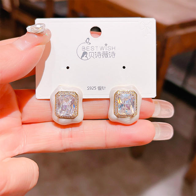 925 needle summer design candy color diamond square studs earrings