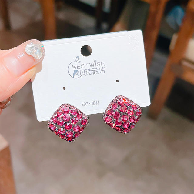925 needle diamond black rose red color square studs earrings