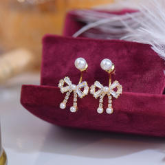 French trend elegant diamond bow pearl bead jacket earrings