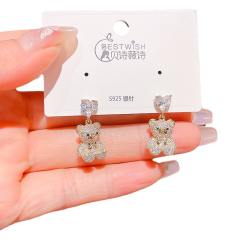 Delicate diamond heart bear gold plated copper earrings