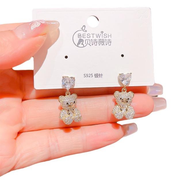 Delicate diamond heart bear gold plated copper earrings