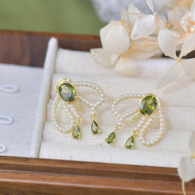 Elegant olivia green cubic zircon pearl bead copper earrings clip on earrings