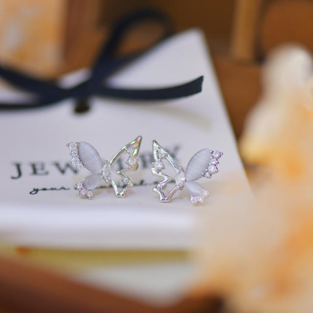 Silver color opal stone butterfly hollow out studs earrings