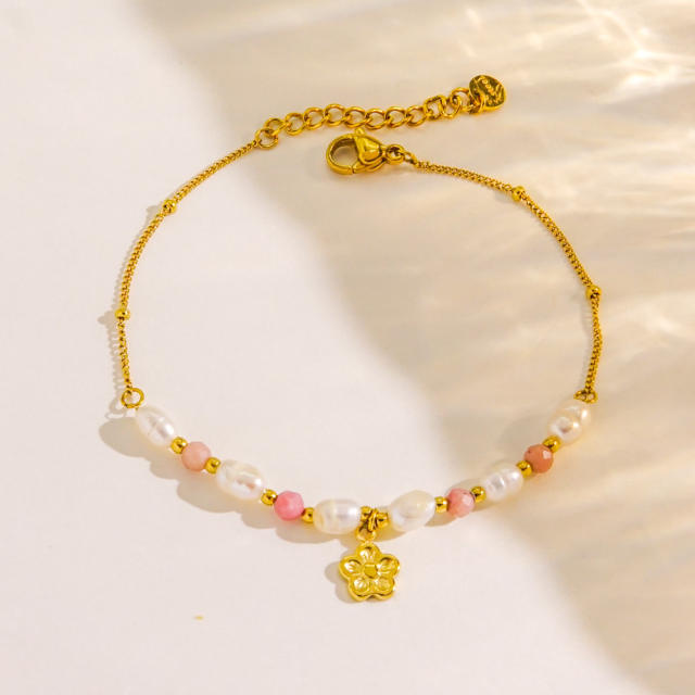 Boho natural stone bead gold color stainless steel bracelet collection