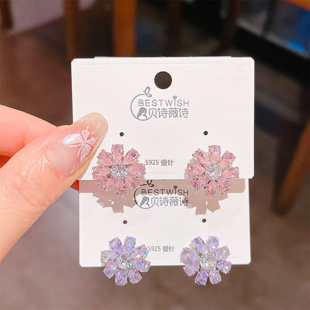 925 needle delicate cubic zircon diamond flower studs earrings