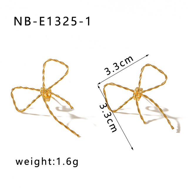 18KG hot sale hollow out bow stainless steel necklace earrings set