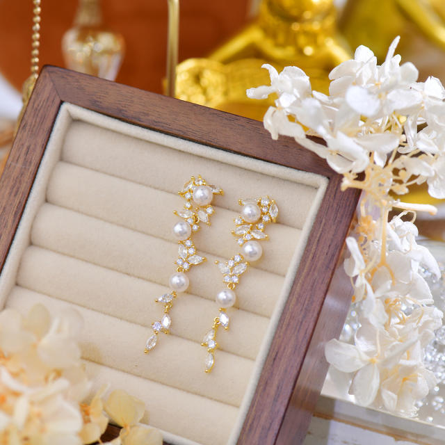 French trend elegant pearl bead gold plated copper dangle earrings wedding prom earrings