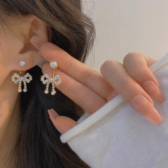 French trend elegant diamond bow pearl bead jacket earrings