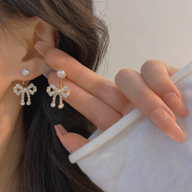 French trend elegant diamond bow pearl bead jacket earrings