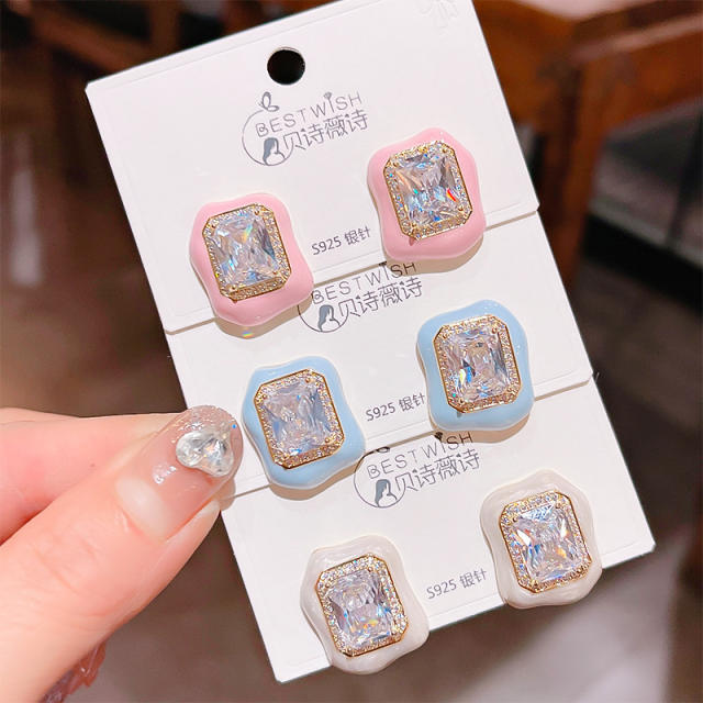 925 needle summer design candy color diamond square studs earrings