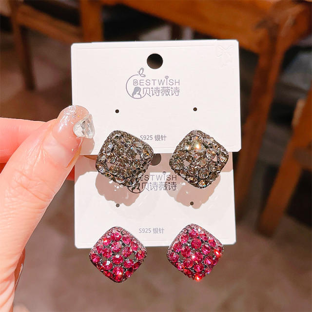 925 needle diamond black rose red color square studs earrings
