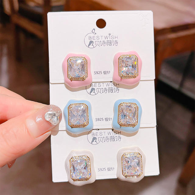 925 needle summer design candy color diamond square studs earrings