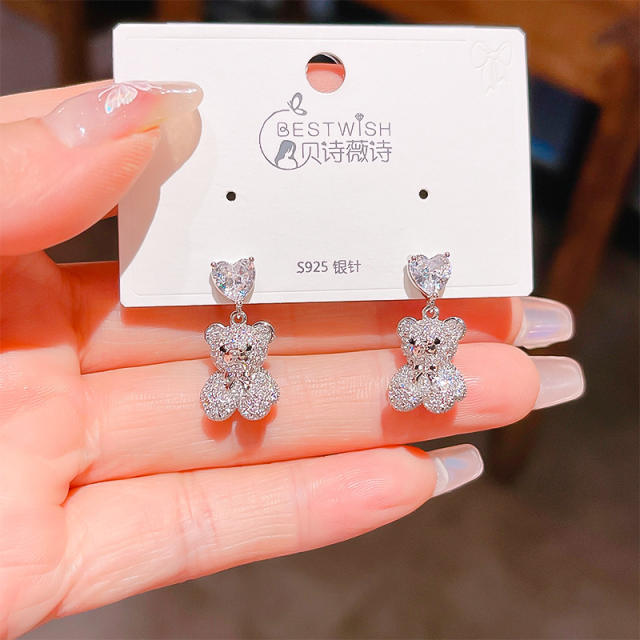 Delicate diamond heart bear gold plated copper earrings