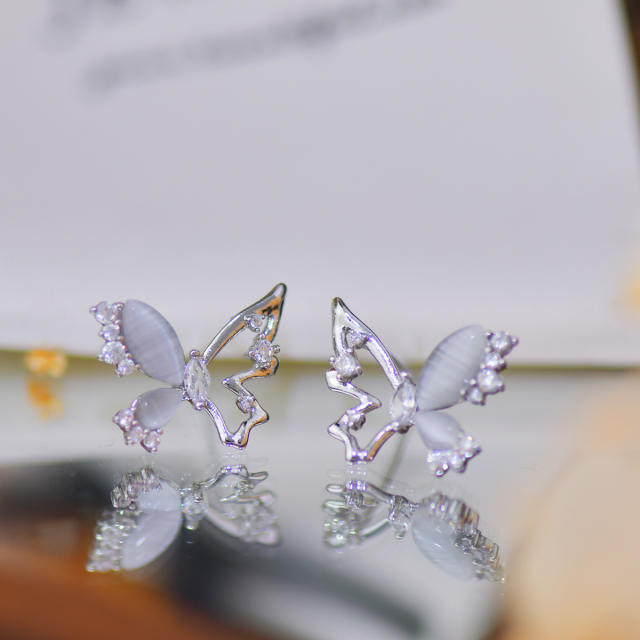 Silver color opal stone butterfly hollow out studs earrings