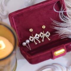 French trend elegant diamond bow pearl bead jacket earrings