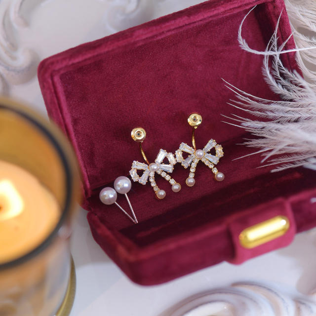 French trend elegant diamond bow pearl bead jacket earrings