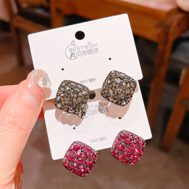 925 needle diamond black rose red color square studs earrings