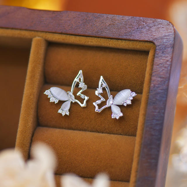 Silver color opal stone butterfly hollow out studs earrings