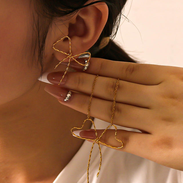 18KG hot sale hollow out bow stainless steel necklace earrings set