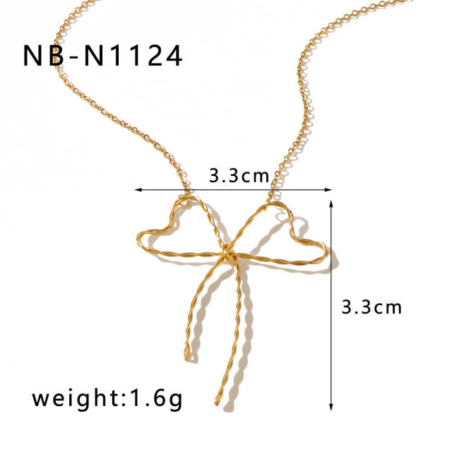 18KG hot sale hollow out bow stainless steel necklace earrings set