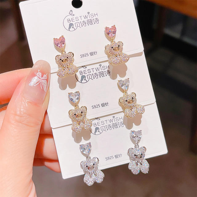 Delicate diamond heart bear gold plated copper earrings