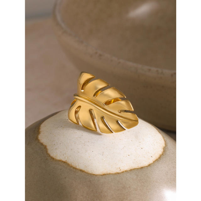 18KG personality feather design chunky finger rings for women