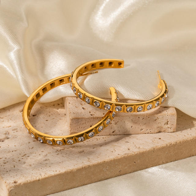 18KG elegant diamond big hoop stainless steel earrings