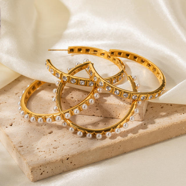 18KG elegant diamond big hoop stainless steel earrings