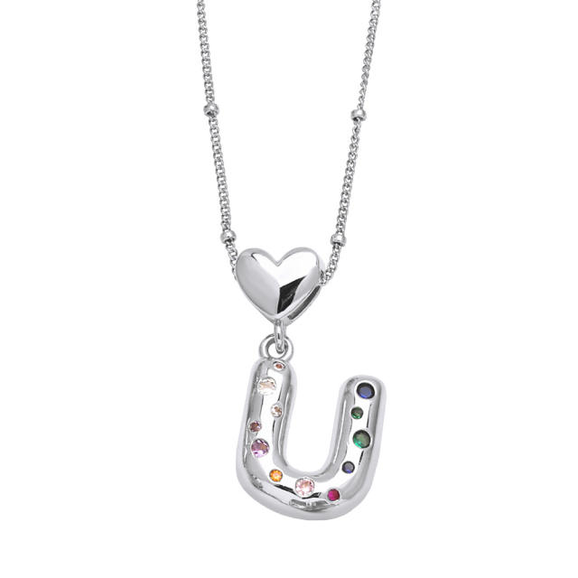Delicate cubic zircon setting bubble letter initial letter pendant necklace